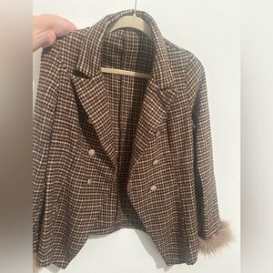 SHEIN Brown Houndstooth Blazer with Faux Fur Cuffs